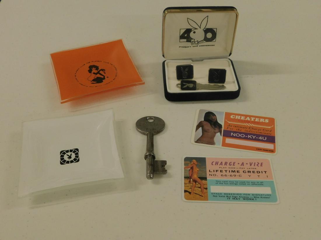 Playboy Club Items: Playboy Club Items, consisting of two formed, printed glass ashtrays, a pair of Playboy cufflinks and a Playboy Club membership key. Along with "Cheaters Club Inc" & "Charge-A-Vise" novelty credit car