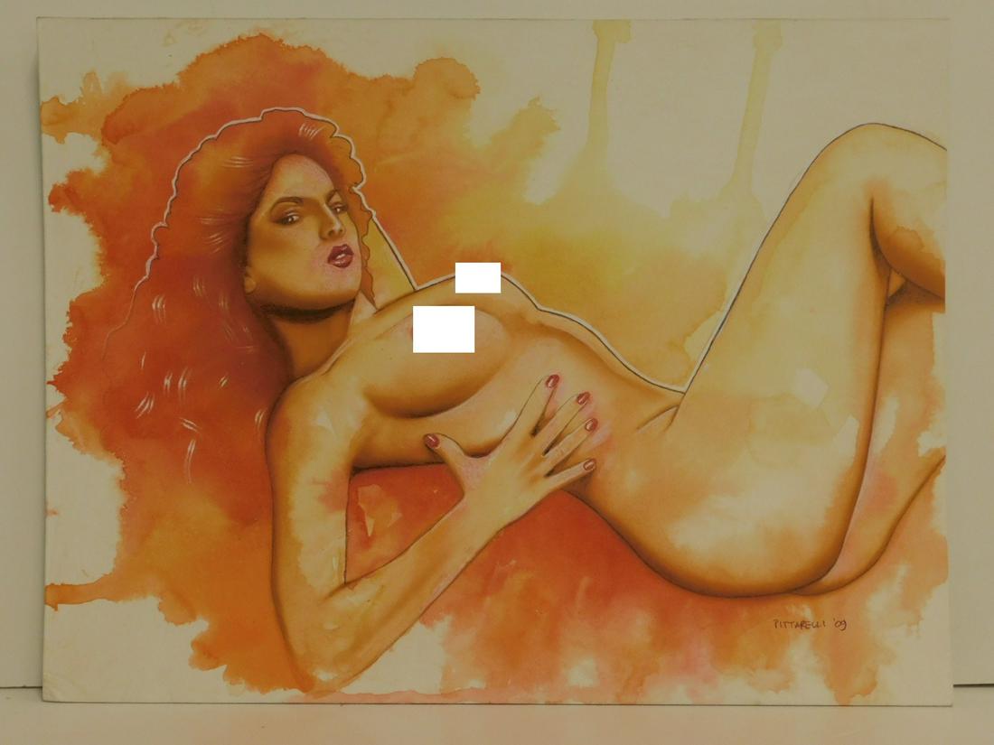 Jeff Pittarelli Nude Watercolor & Other: Jeff Pittarelli Nude Watercolor of Traci Lords. A large watercolor on artist board by pinup artist Jeff Pittarelli of adult film star and actress Traci Lords reclining, against a red-orange background
