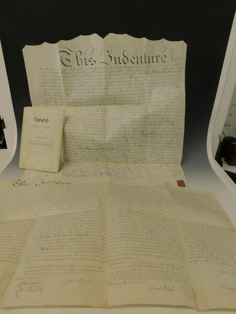 3 Phila Property Purchases on Parchment: Three Phila Property Purchases on Parchment, (#1) Henry Reeves sells to Nathan R Potts, land south of Brown St West of 10th in Spring Garden. For one thousand dollars, land previously bought from Will