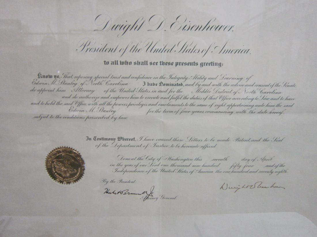 Unframed Eisenhower Signed Presidential Commission: Unframed Dwight D. Eisenhower signed Presidential Commission, April 7th, 1954 for Edwin M Stanley of North Carolina, nominated, then appointed by and with the Advice and Consent of the US Senate - Att