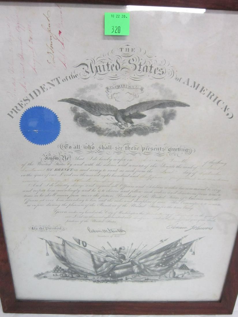 Framed A. Johnson Signed Presidential Commission: Framed Andrew Johnson signed Presidential Military Commission, with Stanton signature, August 20, 1866 for Samuel Smith, conferred by and with the Advice and Consent of the US Senate - First Lieutenan