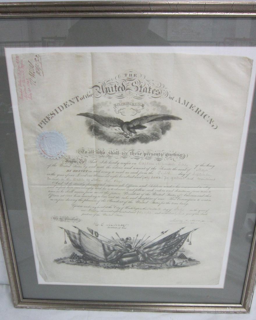 Framed James Polk signed Presidential Commission: Framed James K. Polk signed Presidential Military Commission, July 19th, 1848 confer upon Albemarle Cady, (Army of the U.S.) by and with the Advice and Consent of the US Senate,the rank of Major by Br