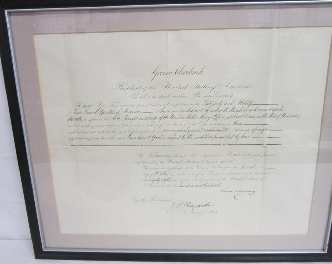 Framed Cleveland Signed Presidential Commission: Framed Grover Cleveland signed Presidential Commission, October 2nd, 1888 for Van Court Yantis of Missouri, nominated, then appointed by and the advise and consent of The U.S. Senate to be Assayer in 