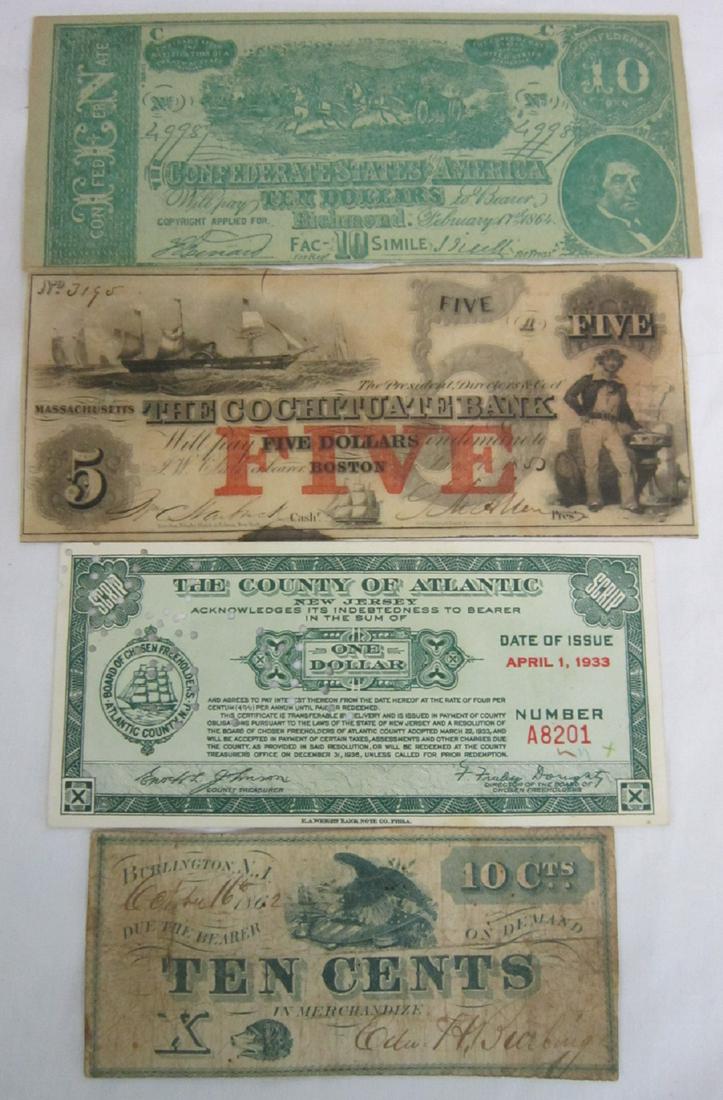 4 Northern State Items: Four Northern State Items, [ 1 ] Burlington NJ, Oct 16, 1862 ten cents in merchandise VF 35; [ 2 ] Is the Cochituate Bank, Boston Mass #3195, sail boats and sailor VF -35; [ 3 ] $1 Script - County of 