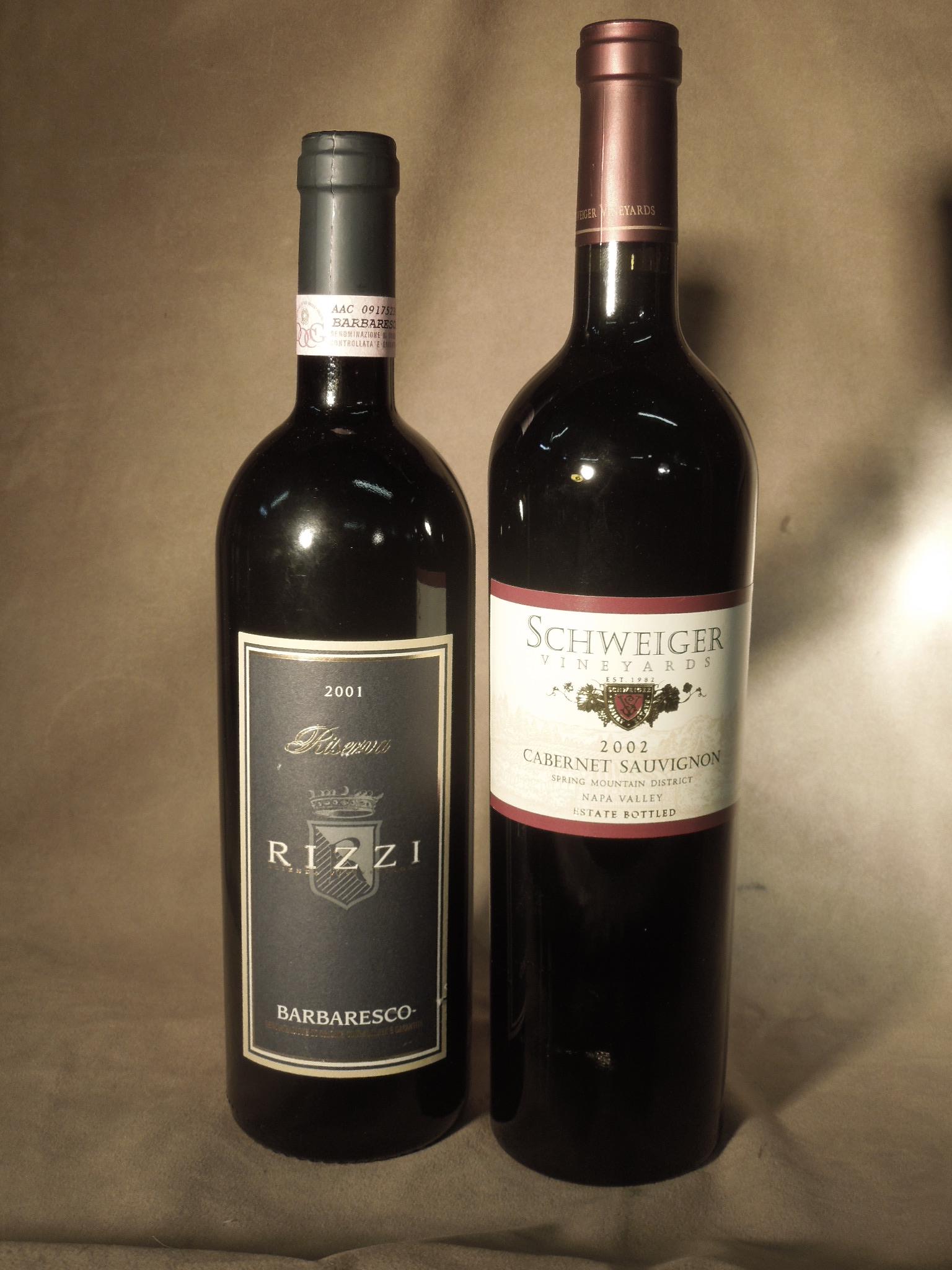 Rizzi - Barbaresco 2001 ;Schweiger 2002: 2 Bottles Red Wine includes: Rizzi - Barbaresco 2001 - Italy; Schweiger 2002, Napa Valley Cabernet Sauvignon, all 750 ML. CONDITION: No issues identified. All wine is from a local estate and is being 