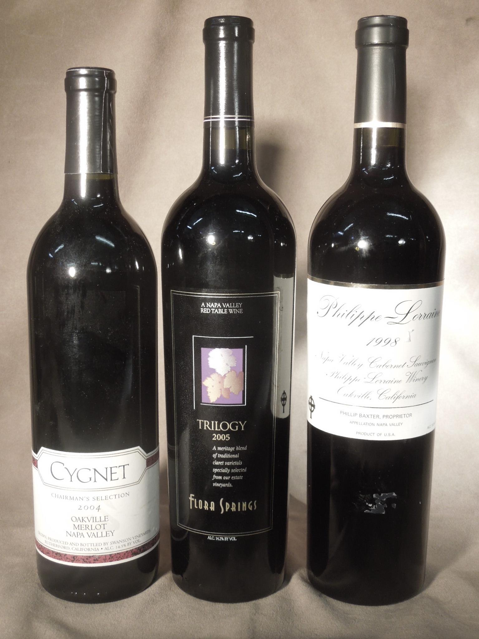 3 Bottles Red Wine: 3 Bottles Red Wine, 1998 Philippe Lorraine Cabernet Sauvignon, Napa Valley; Cygnet 2004 Oakville Merlot, Napa Valley; 2005 Trilogy (Cabernet Sauvignon, Merlot and Cabernet Franc), Napa Valley. CONDITI