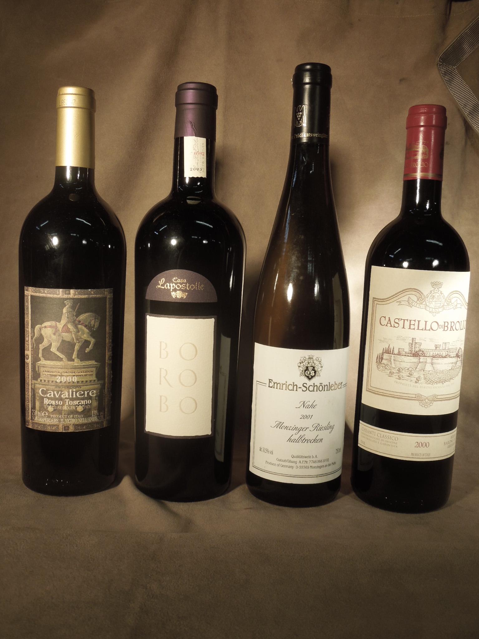4 Bottles Assorted Wines: 4 Bottles Assorted Wines, Emrich Schonleber 2001 Monzinger Riesling; Casteli di Brolio Chianti Classico 2000; 2005 Borobo, Burgundy, Rhone, Bordeaux, Casa Lapostolle, Rapel Valley, Chile; Cavaliere 20