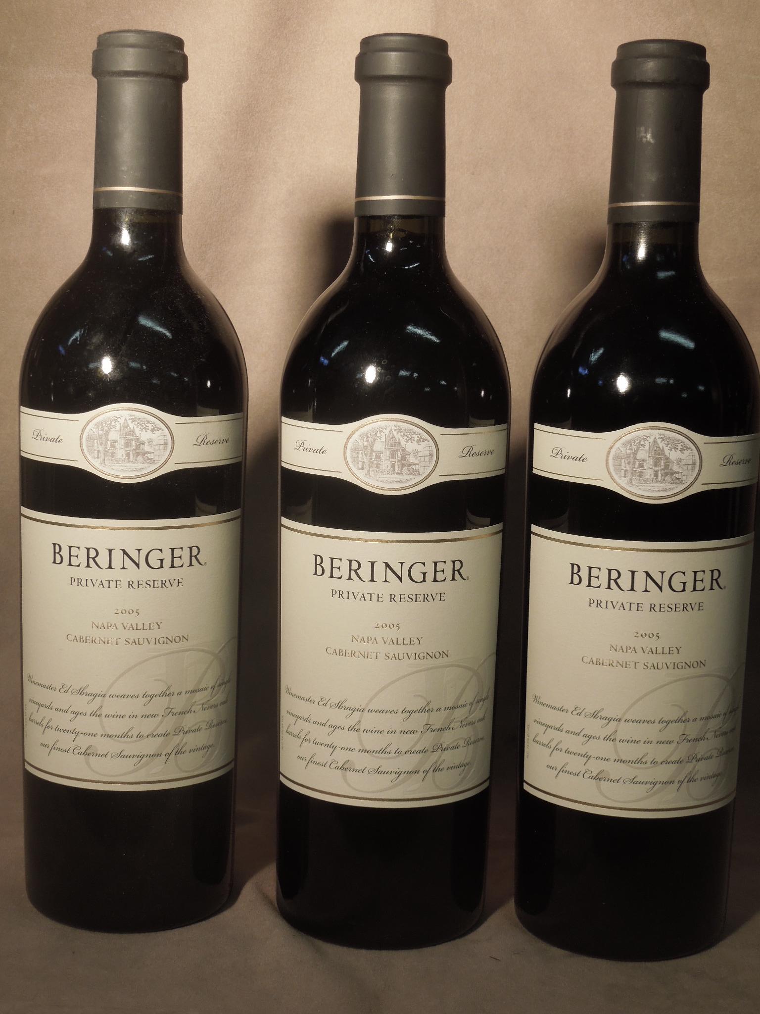 3 Bottles Beringer 2005 Cabernet Sauvignon: 3 Bottles Cabernet Sauvignon, Beringer 2005, Private Reserve, Napa Valley, 750 ML. CONDITION: No issues identified. All wine is from a local estate and is being sold “AS IS” with no guarantee as t