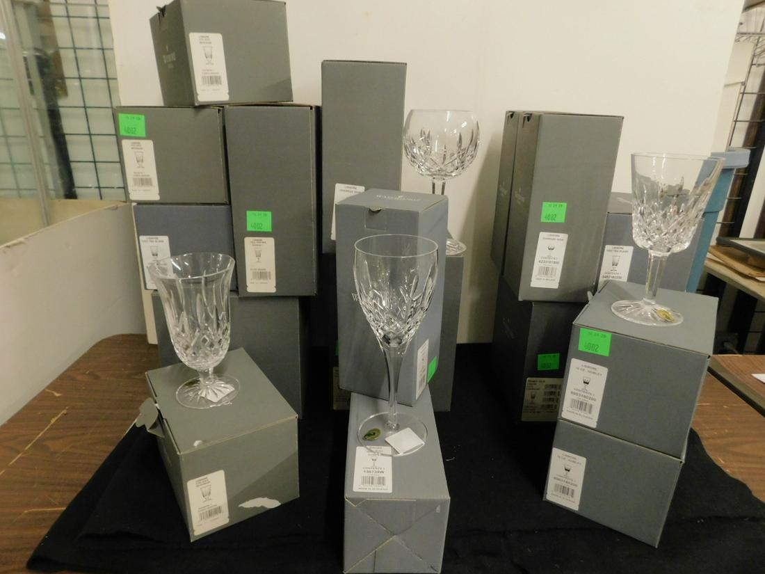 40 Waterford Lismore Crystal Stemware: 40 Waterford Lismore Crystal Stemware, all in original boxes, includes: six 10 oz goblets, five footed ice beverage, four oversize wines, four tall iced beverage, two 12 oz Hi-ball tumblers, one Hock 