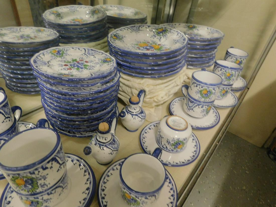 Ceramiche Casola Dinner Service for 12: Ceramiche Casola Dinner Service for twelve, hand painted pottery, Positano - Italy, in blue floral and fruit pattern, includes: twelve each, dinner and dessert plates, wide rim soup bowls, cups and sa
