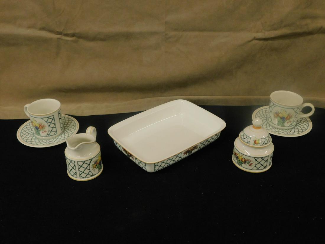 Villeroy & Bock China Service: Villeroy & Bock China Service, made in Germany; "Basket" pattern; includes: twelve 10 1/2" dinner plates; eight wide rim soup bowls, twelve 8 1/2" luncheon plates; twelve saucers, fourteen mugs, three
