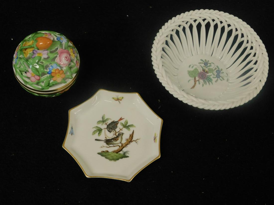 3 Herend Giftware Pieces: Three Herend Giftware Pieces includes: pierced covered jar with strawberry final and floral painting, 2 1/2"d, 3 1/4"h, a basket weave bowl with floral center, 4 1/2"d, 2"h and an octagon coaster with