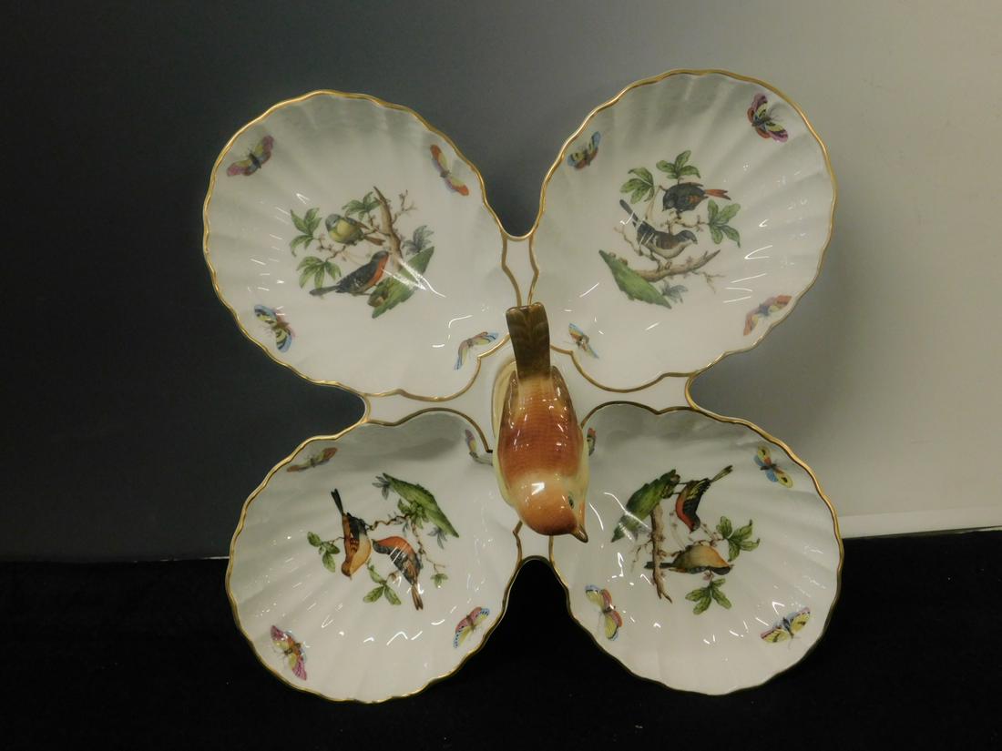 Herend Rothschild Divided Server: Herend Rothchild Divided Server, Hungary, porcelain, sculptured bird rests on stump at center of the four shell shaped divided dishes, all with bird and insect patterns, 5 1/2"h, 14 1/2"d. CONDITION: