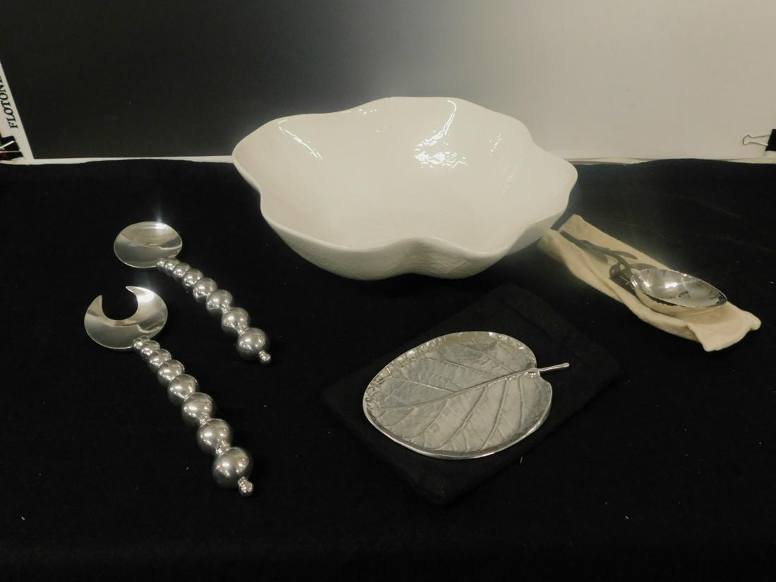 3 Michael Aran Pieces, ETC.: Three Michael Aran Pieces includes: an 8" serving spoon with brass leaf and berry handle a hammered silver finish bowl with bag; a 7 3/4" x 5 1/2" molded aluminum leaf dish with bag; and a white glaze