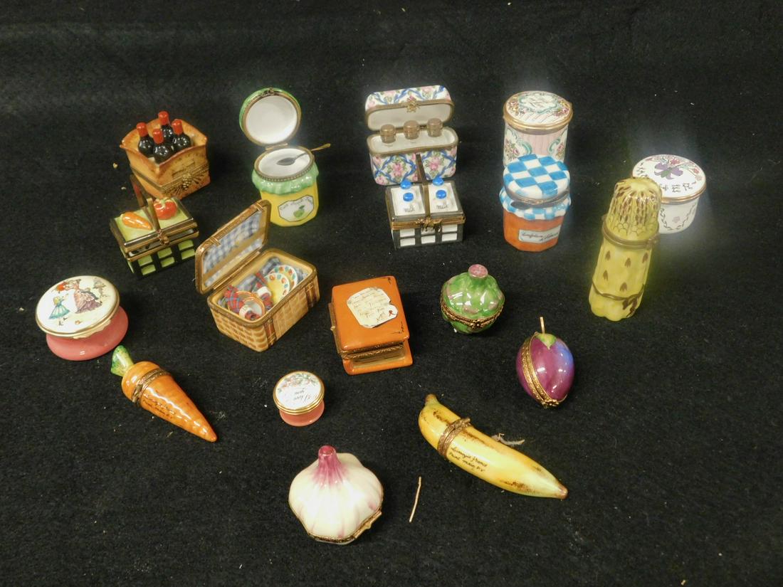 18 Limoges, Cartier & Other Trinket Boxes: Eighteen Limoges, Cartier and Other Trinket Boxes includes: Limoges: six fruit and vegetables, eight picnic, milk and wine perfume and cannister boxes; two Cartier - England enamel boxes, and two othe