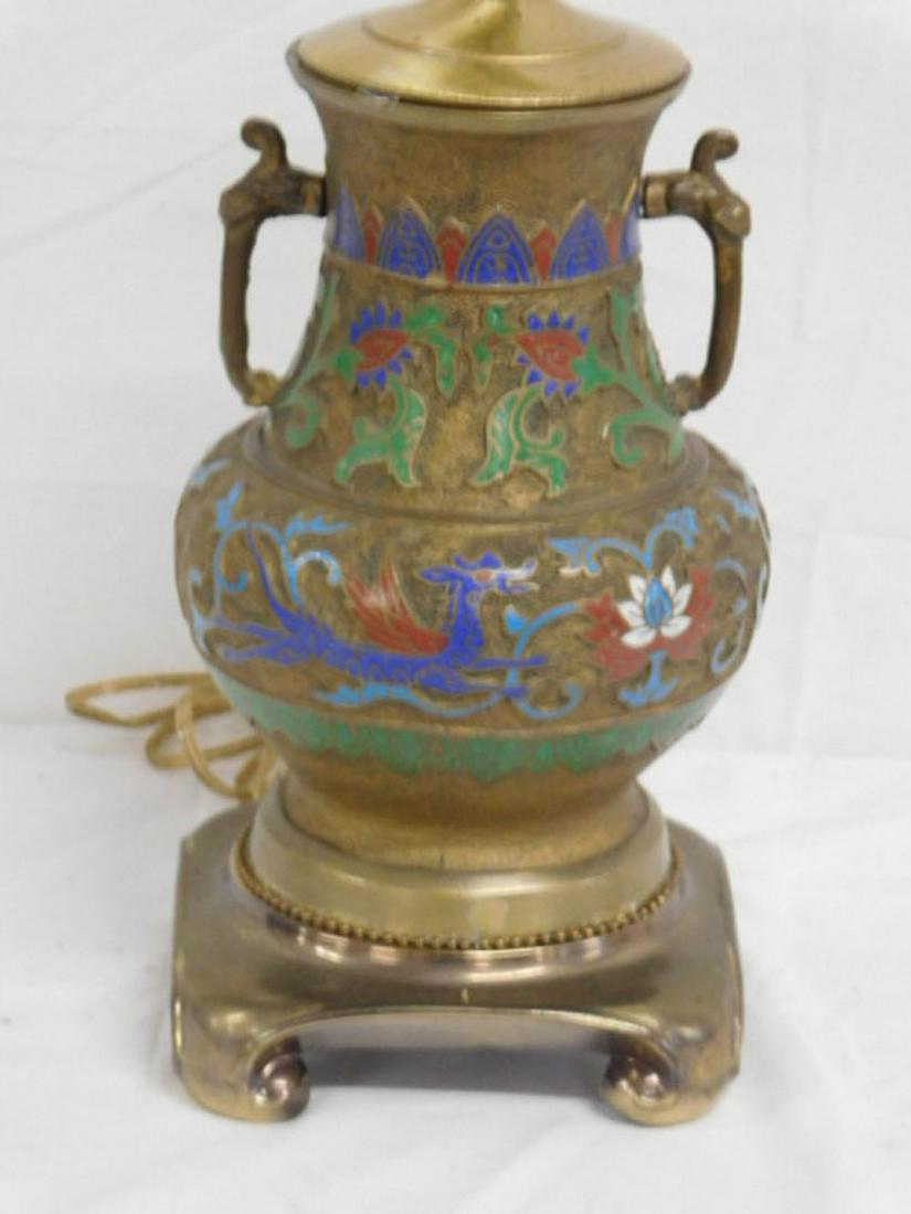 Chinese Champleve Vase / Lamp: Chinese Champleve Vase / Lamp, brass with dragon and floral enamel work, early 20th C, electrified, vase 9 1/2"h, overall 22"h. CONDITION: Very good.