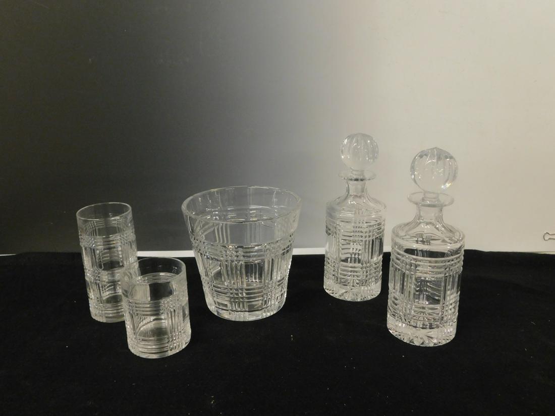 Ralph Lauren Cocktail Set: Ralph Lauren Cocktail Set, clear molded crystal in ribbed and block pattern includes: a pair of 10" decanters, ice bucket 6 3/4"h, 6 3/4"d, eight 4 1/4" tumblers, and eight 6 1/4' tumblers. CONDITION: