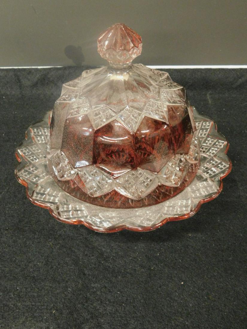 Victorian Ruby Flash Glass Butter Dish: Victorian Ruby Flash Glass Butter Dish with molded waffle pattern, clear glass, domed lid on fitted 8'd base, 7"h, late 19th C. CONDITION: Very good, vintage cond.