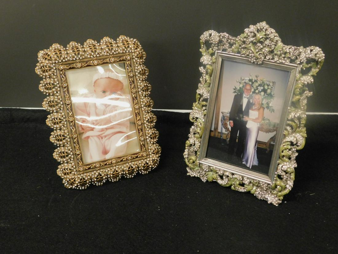 2 Edgar Berebi Picture Frames: Two Edgar Berebi Picture Frames, Limited Editions, includes: silvered and enameled metal Rococo style with Swarovski crystals, 6 1/2" x 9 1/4", and bronzed and enameled metal with Swarovski crystals, 