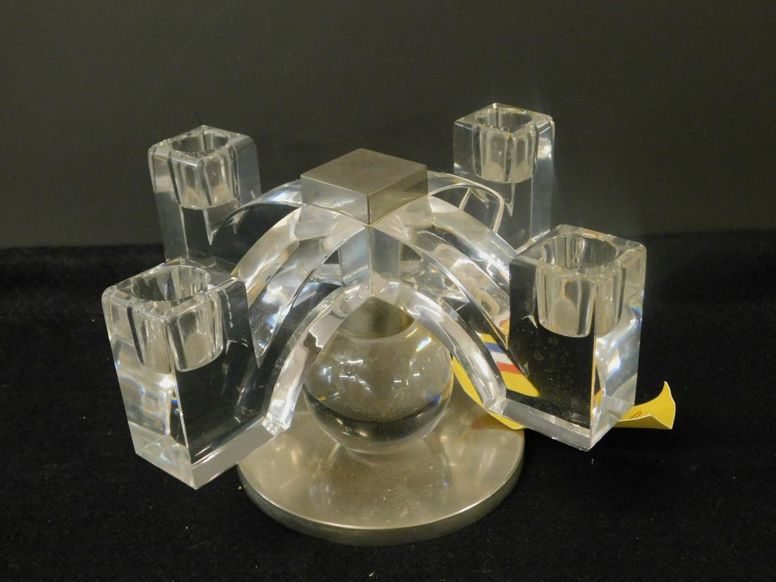 4 French Art Deco Candelabra: Four French Art Deco Candelabra, each with four crystal arms upon a crystal sphere nickel plated over brass top car and circular base, early 20th C. 5"h, 8 3/4"d, all with original French shipping lab