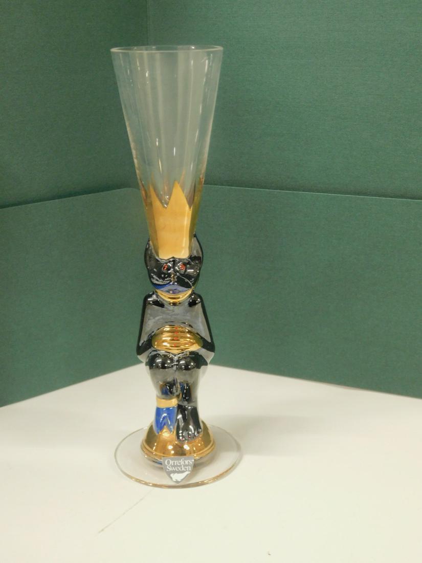 4 Orrefors Brannvin Schnaps Goblets: 4 Orrefors Brannvin Schnaps Goblets, designed by Gunnar Cyren, depicts kneeling black horned figures with crowns, 6 7/16", with original boxes and pamphlets. CONDITION: New in box.