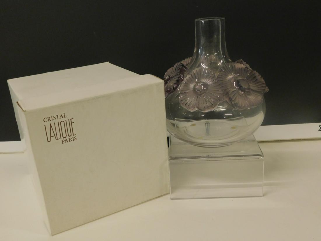Lalique Atossa Viole Vase: Lalique Atossa Viole Vase, amethyst Mulberry flowers on clear crystal vase, 7 1/4"h. CONDITION: Vintage new in box.