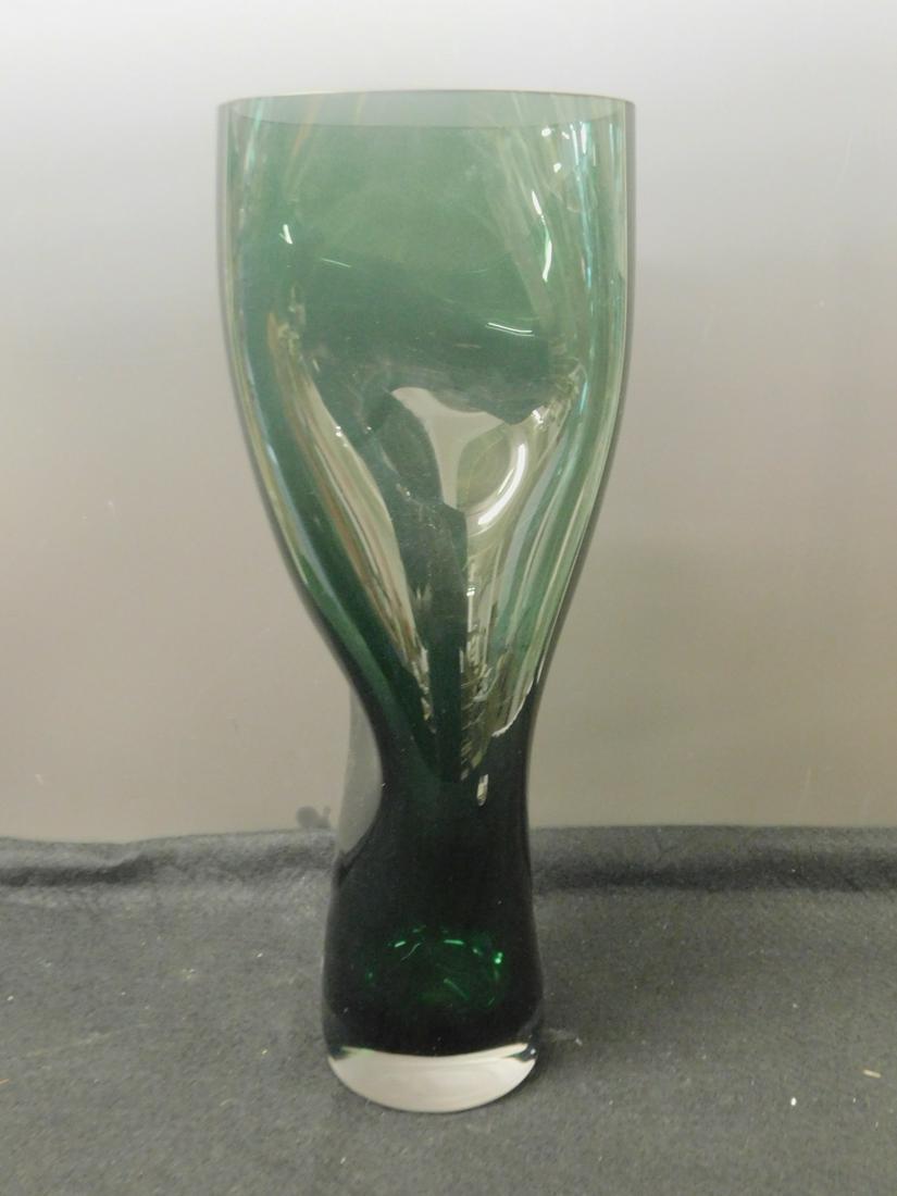 Orrefors Squeeze Crystal Vase: Orrefors Squeeze Crystal Vase, forest green, model 6568427, designed by Lena Bergstrom, Sweden, 17 3/8" h. CONDITION: Vintage, new in box.