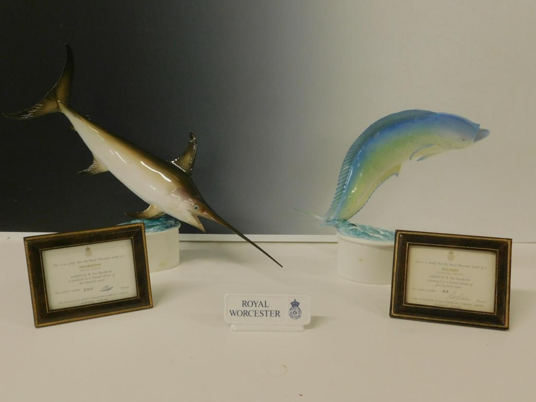 2 Royal Worcester Porcelain Fish: Two Royal Worcester Porcelain Fish, modeled by R. Van Ruyckevelt, includes: "Dolphin" 93/500, 10 1/2"h, 11"l, and "Swordfish" 200 / 500, 13 1/2"h, 16"l, both with leather framed certificates and origi