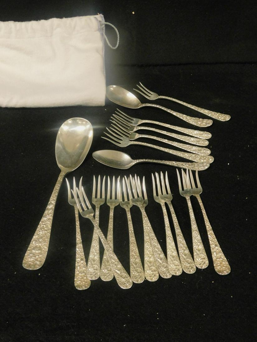 Sterling Floral Repousse Flatware: Sterling Floral Repousse Flatware includes: S. Kirk & Sons: twelve 5 1/4" seafood forks, four 5 5/8" spread tong seafood forks, one 8 1/2" oval bowl serving spoon and Schofield - Baltimore Rose 6 1/4"