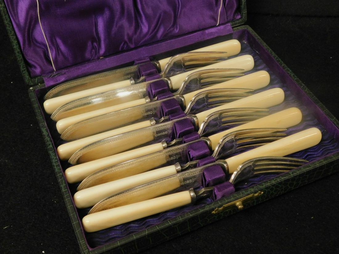 English Victorian Fish Set: English Victorian Fish Set, silver plate, marked "W & H.S., service for six, of knives and forks; engraved borders, bone handles, original fitted presentation box, 9 3/4" x 7 1/2" x 1 5/8", late 19th 
