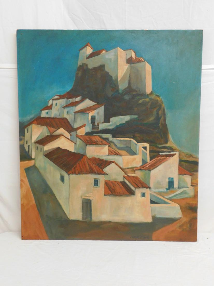Moreno Village Painting: Moreno Village Painting, possibly Carmen Morenp; oil on masonite, depicts Spanish mountain of white masonry homes with red roofs, signed lower middle, 20th C, 36" x 42". CONDITION: Few lightly bent ed