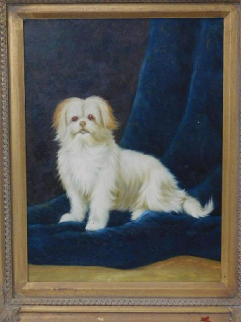 Pure Bred Dog Painting: Pure Bred Dog Painting, oil on canvas, unsigned, depicts a terrier? reclining white dog, sight 12" x 16", carved and gilt frame, 20" x 24". CONDITION: Very good, few areas of gilt wear on frame.