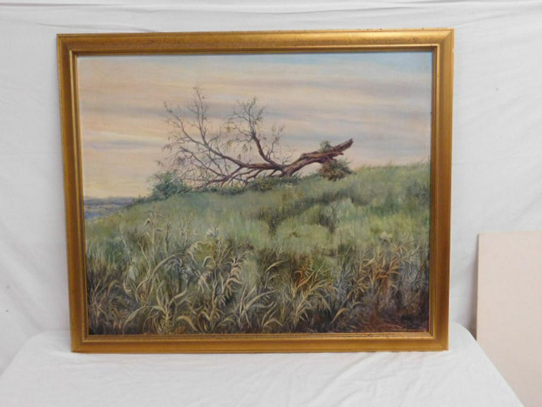 Julio Llort Pastella Painting: Julio Llort Pastella Painting, oil on masonite, signed lower right 1980, summer landscape with fallen tree, artist bio on verso, sight 35" x 28 1/4" distress gilt frame, 38 1/2" x 32". CONDITION: Very