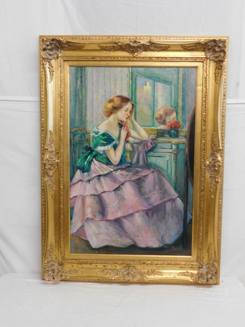 Meg March Oil Painting: Meg March Oil Painting on canvas, seated young lady in pink and green gown with reflection in mirror, signed lower right, sight 22" x 36", carved and gilt frame 32" x 44", retains original sale tag $1