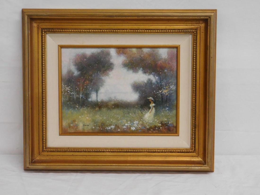 James Llewelyn Acrylic Painting on panel: James Llewelyn Acrylic Painting on panel - Girl in white dress in country landscape, gilt frame, 16 1/2" x 19". Condition: Very good