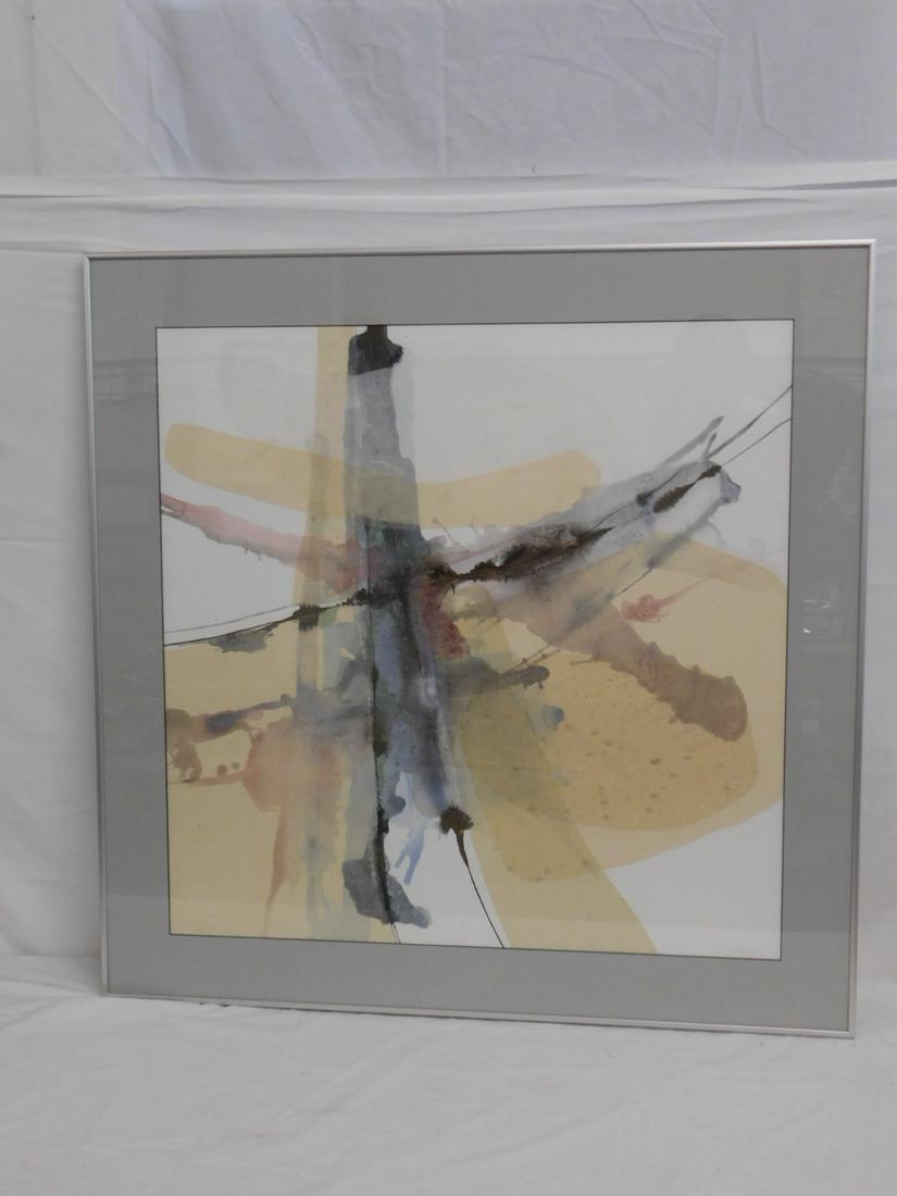 Polly French Watercolor / Collage: Polly French Watercolor / Collage "Layers I", abstract, 1st in a series, pencil signed lower right, certificate on verso, sight 26" x 26"; matted in metal frame, 32" x 32". CONDITION: Very fine.