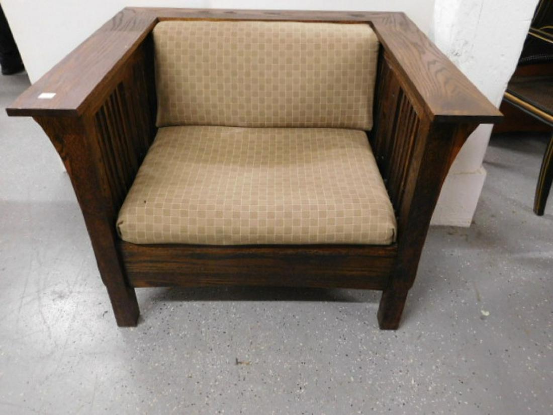 Arts & Crafts Lounge Chair: Arts & Crafts Lounge Chair, Stickley type Mission Prairie style, solid oak frame featuring slats, pierced panels and flat board crest rail and arms, beige checkered cloth deep cushion seat and back, b