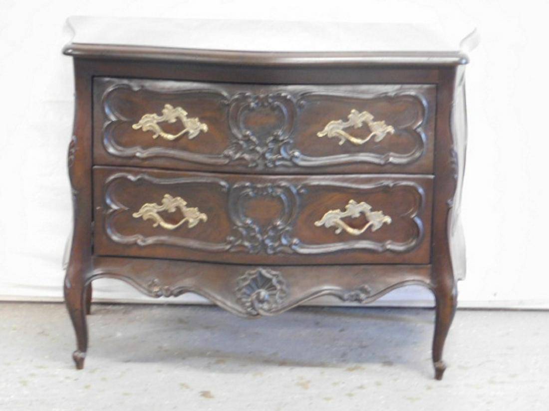 Louis XV Style Small Commode: Louis XV Style Small Commode, mahogany, serpentine front, two scroll carved drawers, shell carved apron, late 20th C, 16" x 32" x 23 1/2". CONDITION: Very good.
