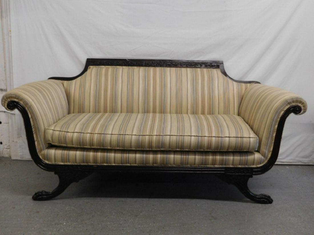 Duncan Phyfe Style Sofa: Duncan Phyfe Style Sofa, mahogany, acanthus scroll carved crest rail, reeded rolled arm supports, winged claw feet, beige striped cloth upholstery, mid 20th C, 68"l. CONDITION: VF, few minor scratches