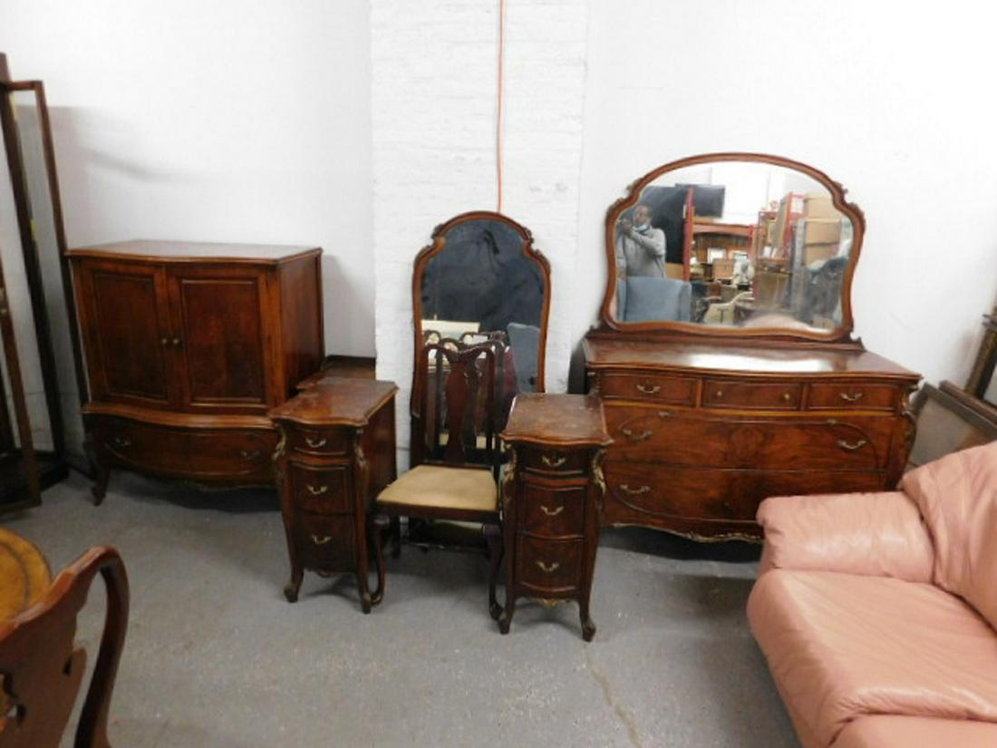 French Provincial 7 Pc Bedroom Set: French Provincial Seven Piece Bedroom Set, mahogany, features serpentine fronts, carved and gilt acanthus carvings and scroll feet, brass hardware, includes: bureau, chifferobe, night stand, disassemb