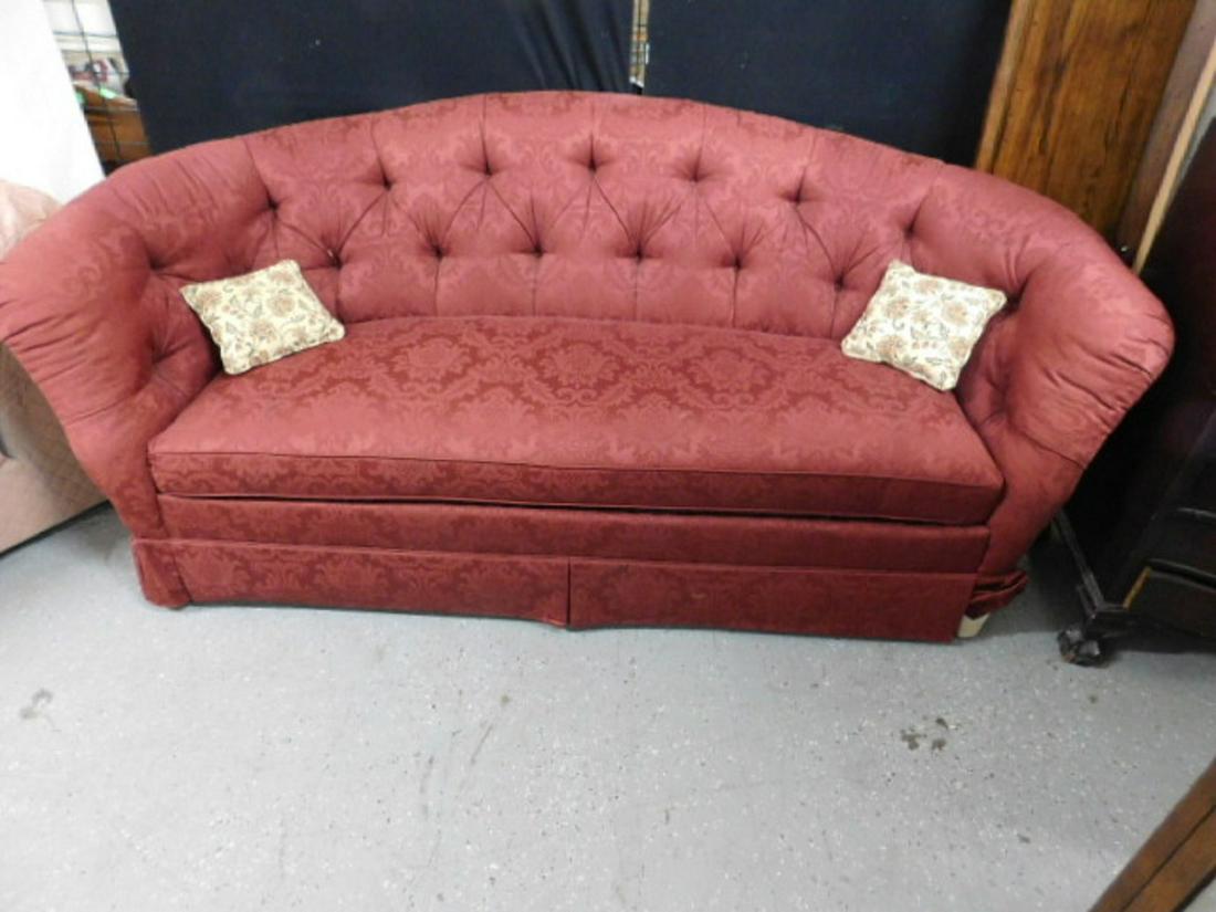 Baker Sofa: Baker Sofa, modified tuxedo style with floral and scroll pattern Maroon cloth upholstery, tufted back, 88" l, 39"h. CONDITION: Very fine condition.