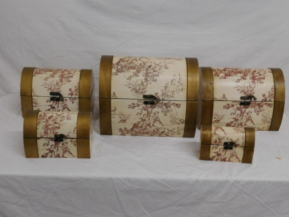 Nest of 5 Decorated Wood Boxes: Nest of five Decorated Wood Boxes, dome tops with hinged lids, mauve and white landscapes with figures, 20th C, largest 13 1/2" x 10 3/4" x 9 1/4". CONDITION: Like new.