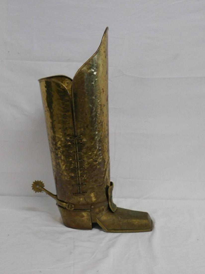 Boot Form Umbrella Stand: Boot Form Umbrella Stand, hammered brass, brass laced sides and spur, mid 20th C, 24"h. CONDITION: Very good, slight tarnish, small dent at top rim.