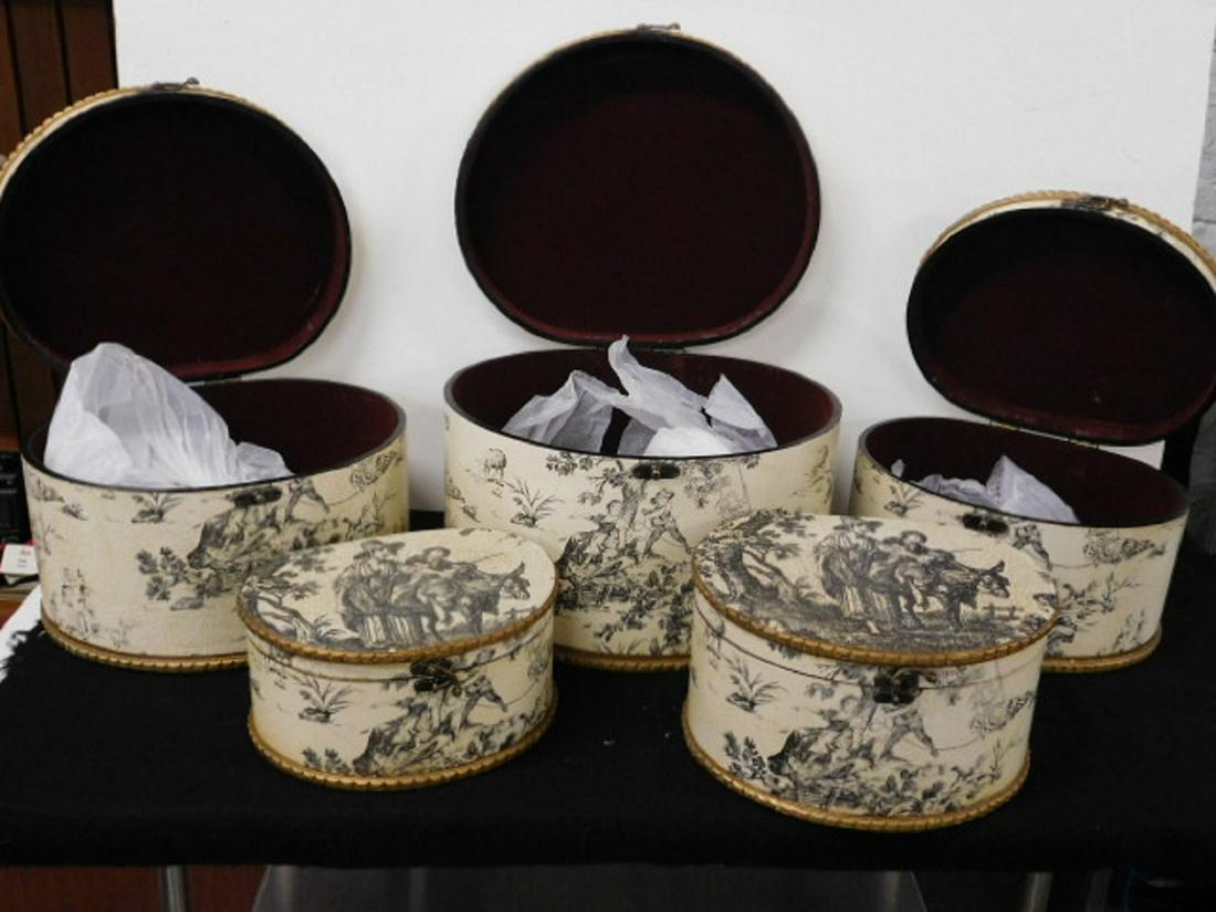 Nest of 5 Decorated Wood Boxes: Nest of five Decorated Wood Boxes, flat tops with hinged lids, monochromatic figures in landscape motifs, 20th C, largest 15" x 13" x 9 1/2". CONDITION: Like new.