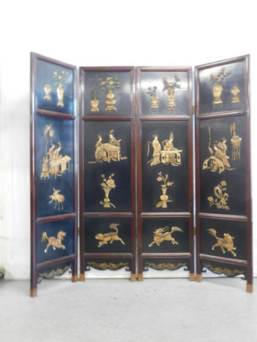 Chinese Coromandel Screen: Chinese Coromandel Screen, four Rosewood hinge joined panels, each panel divided into three black lacquered sections having applied flowers, figures and dragons in soapstone, bone, etc.; verso in blac