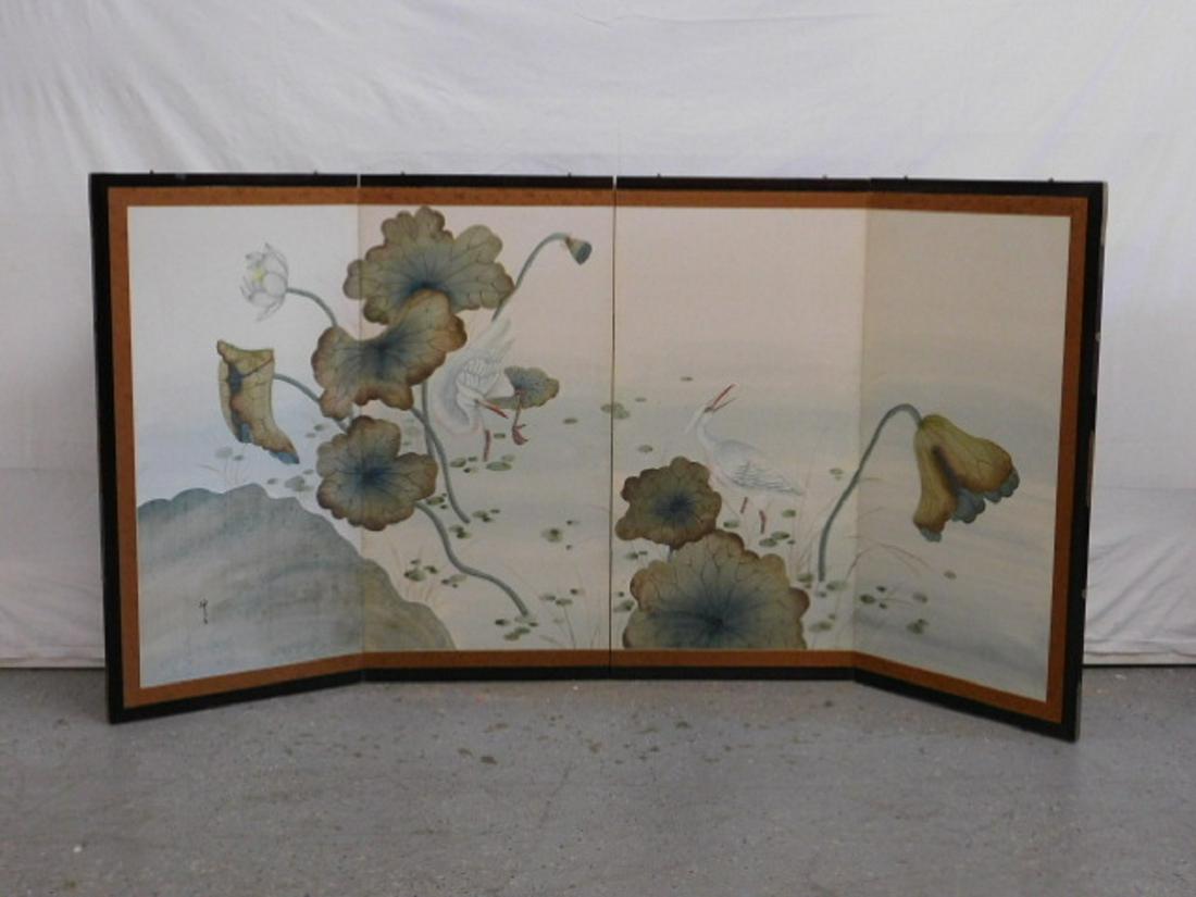 Chinese Wall Mount Folding Screen: Chinese Wall Mount Folding Screen, water color on paper on cardboard, depicts a pond scene with cranes, silk border, rosewood finish frame with brass mounts, in four sections, signed lower left, 20th 