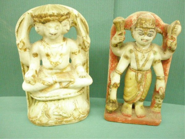 [2] Indian Alabaster altar figurines: [2] Indian alabaster polychrome temple altar figurines, depicting deities, h 7", L 4", early 20th C