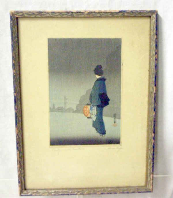 Hiroshige, Wood Block Print, Lady w/Lantern: Hiroshige, wood block print, "Lady w/Lantern", late 19th c. framed, 6 3/4 x 4 1/2 = image