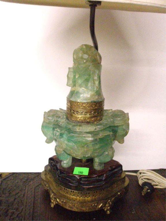 Chinese Jade Covered Urn: Chinese Jade covered urn, celadon green jade, animal carved led & bowl side handles, 3 cabriole legs, on teak base, fitted as a lamp, early 20th C, urn hgt 10 1/4"