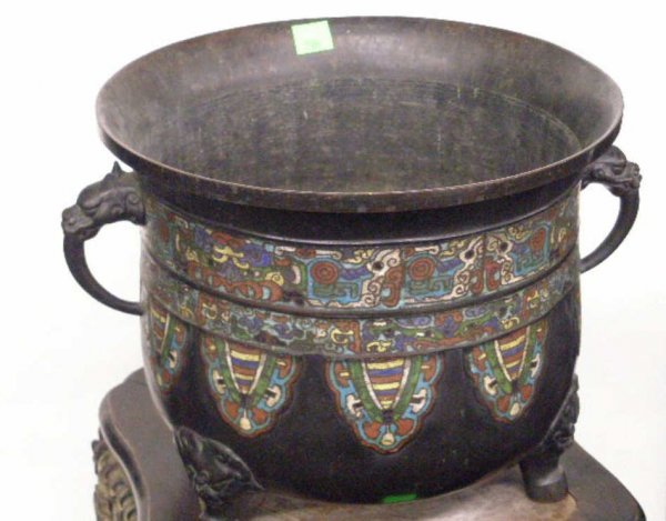 Chinese Champleve Bronze Garden Urn: Chinese Champleve bronze garden urn, cast elephant handles, 3 shaped legs, H 13", Diam 16", late 19th C.